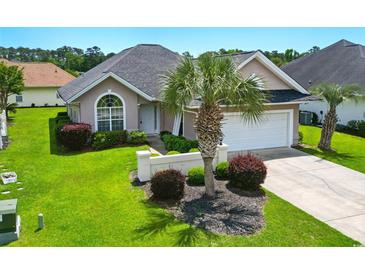 Well-maintained single-story home with a two-car garage and lush landscaping, including a mature palm tree at 10106 Duval Dr., Murrells Inlet, SC 29576