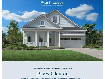 Charming one-story home with light blue siding, white trim, a cozy front porch, and a well-manicured lawn at 2037 Comradery Way, Murrells Inlet, SC 29576