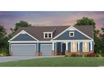 Charming single-Gathering home boasts a two-car garage, inviting front porch, and classic blue siding at 547 Oak Landing Dr., Myrtle Beach, SC 29588