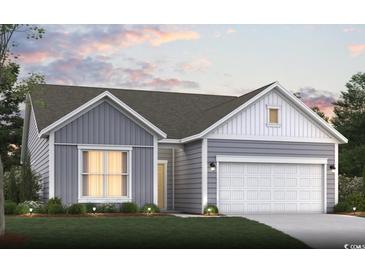 Charming single-story home with a two-car garage, manicured lawn, and inviting curb appeal at 8635 Farrier Dr., Myrtle Beach, SC 29588