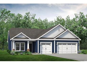 Charming blue single-story home featuring a two-car garage, complemented by lush landscaping and a well-manicured lawn at 1230 Halter Pl., Calabash, NC 28467