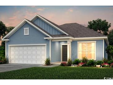 Charming single-story home with blue siding, a two-car garage, and beautifully landscaped front yard at 2500 Watershed Way, Longs, SC 29568