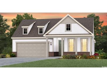 Charming two-story home featuring white siding, brick accents, attached garage, and well-maintained landscaping at 2521 Watershed Way, Longs, SC 29568