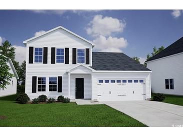 Charming two-story home with white siding, black shutters, attached garage, and manicured lawn at 296 Mayflower Dr., Calabash, NC 28467