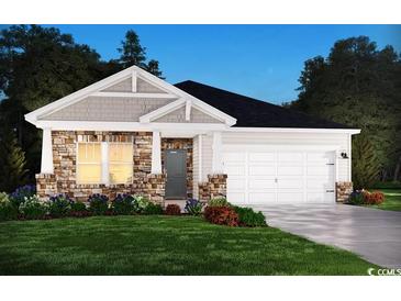 Charming single-story home showcasing a stone facade, white siding, and a two-car garage with manicured lawn at 5059 Riverton Ct, Myrtle Beach, SC 29579