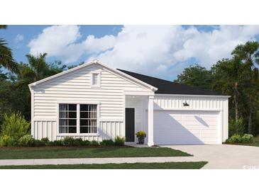 Charming single-story home featuring white siding, a black roof, and a well-manicured lawn at 1170 Silver Perch Place, Sunset Beach, NC 28468