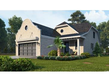 Charming brick home featuring manicured landscaping, an attached garage, and an inviting covered front porch at 8323 Cape Dutch Loop, Myrtle Beach, SC 29572
