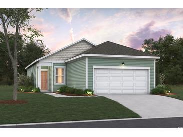 Charming single-story home featuring light-green siding, a two-car garage, and a manicured front yard at 5001 Gallop Ct., Myrtle Beach, SC 29588