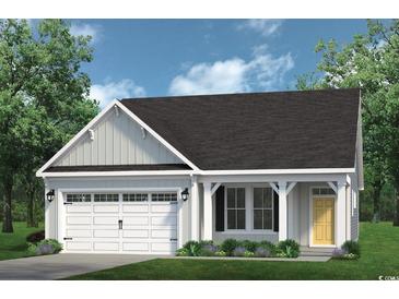 Charming single-Gathering home with a white garage, siding, black roof, and a welcoming yellow front door at 2219 Flatleaf Ct, Longs, SC 29568