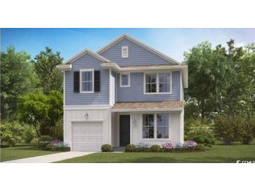 Charming two-story home featuring a light blue exterior, attached garage, and well-manicured lawn at 791 Sturdy Root Rd, Myrtle Beach, SC 29588