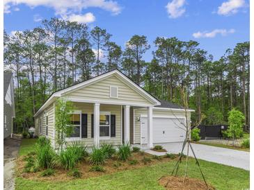 Charming single-story home with a manicured lawn, a cozy front porch and attached one car garage at 9724 Indigo Creek Blvd., Murrells Inlet, SC 29576