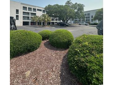Building exterior with landscaping in front of building and parking lot at 201 Hillside Dr. N # 111, North Myrtle Beach, SC 29582