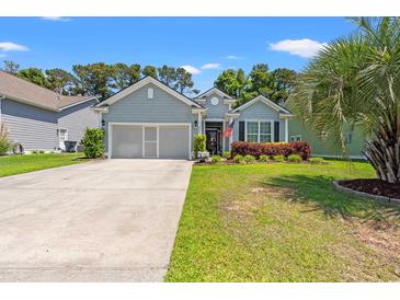 Charming single-story home featuring a well-manicured lawn, vibrant landscaping, and an attached two-car garage at 229 Coral Beach Circle, Surfside Beach, SC 29575