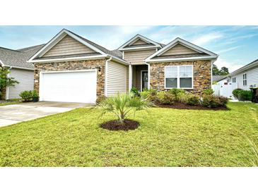 Charming home with stone accents, a well-manicured lawn, and a freshly planted palm tree at 234 Rolling Woods Ct., Little River, SC 29566