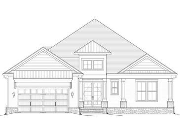 Detailed black-and-white rendering of a charming home showcasing a two-car garage and symmetrical design at 2104 Clematis Ct., Myrtle Beach, SC 29579
