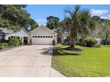 Charming single-story home with a well-manicured lawn, palm tree and an attached two car garage at 4610 Fringetree Dr., Murrells Inlet, SC 29576