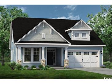 Charming single-story home featuring a covered porch with stone accents and an attached two-car garage at 1188 Halter Pl., Calabash, NC 28467