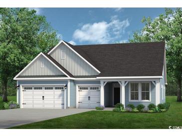 Charming single-Gathering home showcasing a 2-car garage and beautiful light-blue horizontal siding at 1234 Halter Pl., Calabash, NC 28467