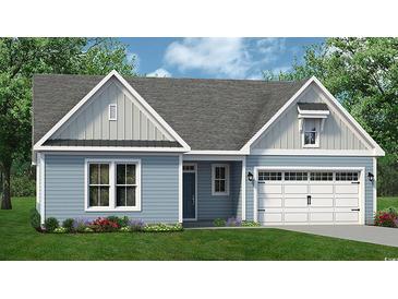 Charming single-story home featuring light blue siding, a gray roof, and a two-car garage on a lush green lawn at 1238 Halter Pl., Calabash, NC 28467