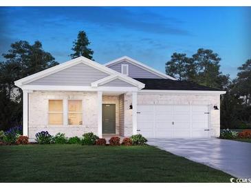 Charming one-story home featuring a brick facade, a two-car garage, and meticulously landscaped front yard at 1545 Regal Fern Way, Longs, SC 29568