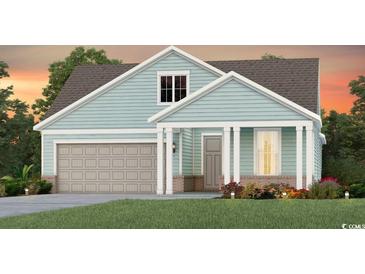 Charming one-story home with blue siding, white trim, a front porch, and an attached garage at 3008 River Island Way, Myrtle Beach, SC 29588