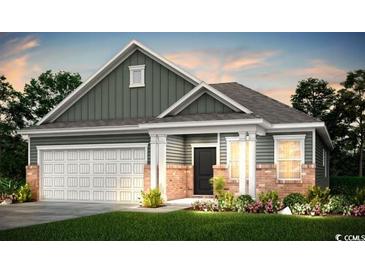 Inviting single-Gathering home boasts a two-car garage, attractive landscaping, and charming architectural details at 296 River Edge Dr., Myrtle Beach, SC 29588