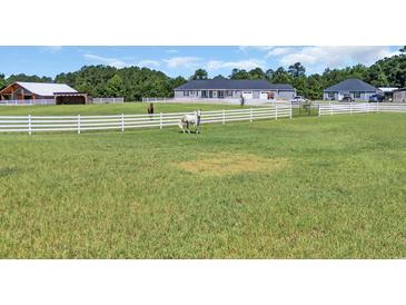 Spacious, fenced property featuring horses grazing in a lush, expansive green front yard with white fencing at 7356 Johnson Shortcut Rd., Conway, SC 29527