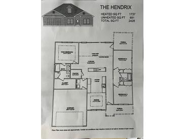 Floor plan of The Hendrix model, featuring a main bedroom, bath, kitchen, living area, and garage at Tbd 222 Persimmon Rd., Aynor, SC 29511