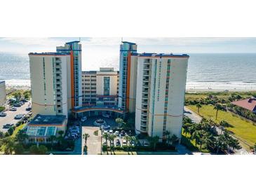 Stunning exterior shot of Dunes Village Resort with ocean views and lush landscaping in Myrtle Beach, South Carolina at 5200 N Ocean Blvd. # 857, Myrtle Beach, SC 29577