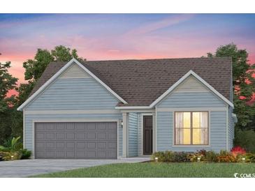 Charming single-story home with blue siding, a two-car garage, and a well-manicured lawn at 1237 Beeblossom Dr., North Myrtle Beach, SC 29582