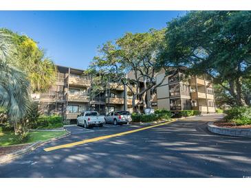 Well maintained condo building with mature landscaping, large shade tree, and ample parking at 9501 Shore Dr. # B-224, Myrtle Beach, SC 29572