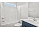 Clean bathroom with a shower/tub combo and blue vanity at 85 Millsite Ct., Georgetown, SC 29440