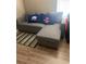 Contemporary gray sleeper sofa featuring fun decorative pillows and a striped rug at 2276 Essex Dr. # A, Myrtle Beach, SC 29575