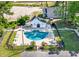 Aerial view of community pool with surrounding lounge chairs and tables at 412 Callie Dr., Myrtle Beach, SC 29588