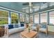 Virtually staged sunroom with rattan furniture and a coffee table at 6625 Scotsman Crescent, Myrtle Beach, SC 29588