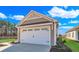Exterior shot of a two-car garage with a white door and trim, complemented by manicured landscaping at 626 Castle Ct., Myrtle Beach, SC 29579