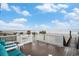 A deck with ocean views, white railings, wooden flooring, and blue cushioned chairs at 1907 S Waccamaw Dr., Garden City Beach, SC 29576