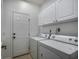 Laundry room with full size white washer and dryer and access to exterior at 1237 Clipper Rd., North Myrtle Beach, SC 29582