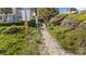 Scenic pathway leading to the beach, surrounded by lush greenery and a 'Highway' sign at 405 N Highland Way, Myrtle Beach, SC 29572