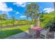 Spacious backyard with a lush lawn, mature trees, and outdoor dining set at 305 Resort Dr. # C12, Myrtle Beach, SC 29588