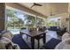 Spacious covered patio with dining table and plush seating overlooking the pool and backyard at 9318 Cove Dr., Myrtle Beach, SC 29572