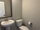 A quaint half-bath featuring a pedestal sink, toilet, brushed-nickel hardware, and stylish mirror at 3131 Tiger Tail Rd., Conway, SC 29526