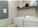 This laundry room includes a modern washer and dryer, shelving and neutral paint at 100 Lure Ct., Conway, SC 29526
