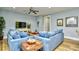 Comfortable living room with blue sofas, hardwood floors, and coastal decorations at 4808 Cantor Ct., North Myrtle Beach, SC 29582