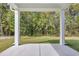 Covered back porch with serene views of lush greenery and mature trees in a private backyard at 385 Sun Colony Blvd., Longs, SC 29568