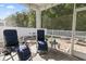 Screened-in patio features comfortable seating, string lights, and view of fenced backyard at 149 Harmony Ln., Myrtle Beach, SC 29588