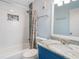 Updated bathroom features a tub and shower with decorative tile accents; modern sink at 9581 Shore Dr. # 132, Myrtle Beach, SC 29572