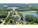 Aerial view of a neighborhood with beautiful homes and a community pool surrounded by lush greenery and lakes at 2588 Lake Vista Dr., Little River, SC 29566