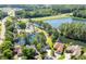 Overhead shot capturing lovely homes and a pool area amidst serene lakes and abundant greenery at 2588 Lake Vista Dr., Little River, SC 29566