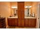 A bathroom with double sinks, granite countertops, wooden cabinetry, and neutral colored walls at 2347 Devine St., Georgetown, SC 29440